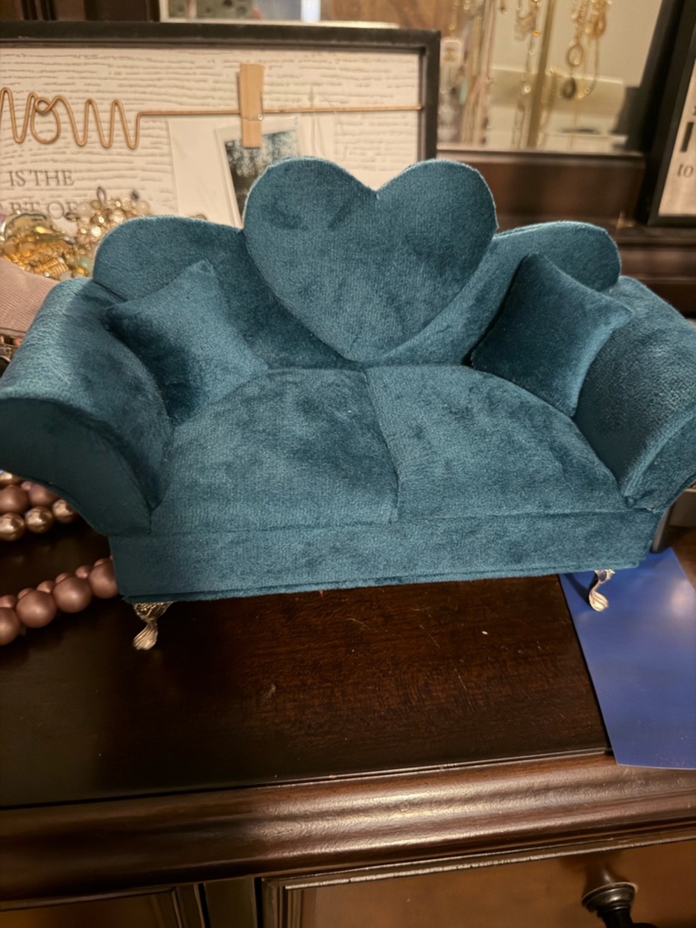 NWOB Teal Heart Back Velvet Jewelry Sofa - Stylish Home Accent-Jewelry Box